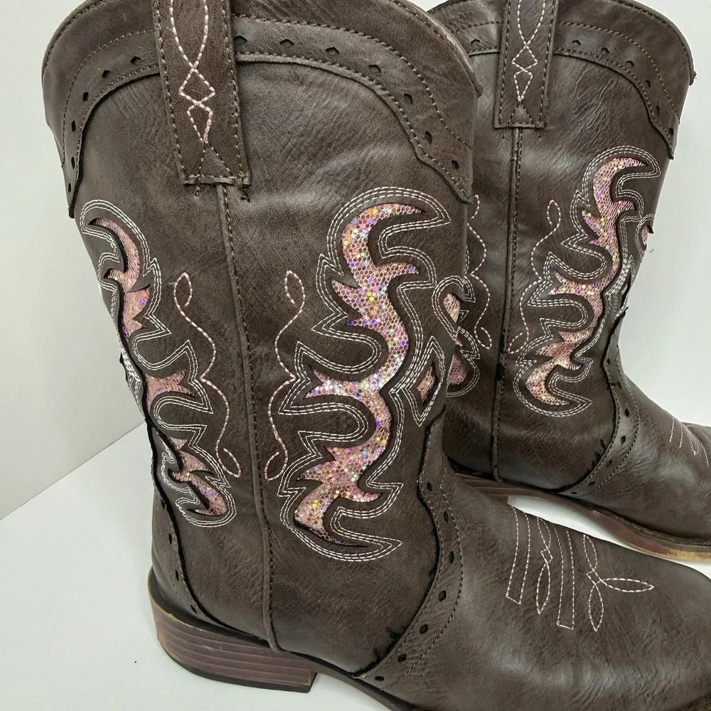 Kids Roper Brown Western Cowgirl Boots Pink Glitter Inlay Overlay Stitching